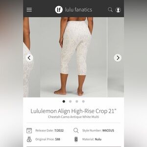Lululemon “21 Size 6 White Cheetah Print Cropped Leggings